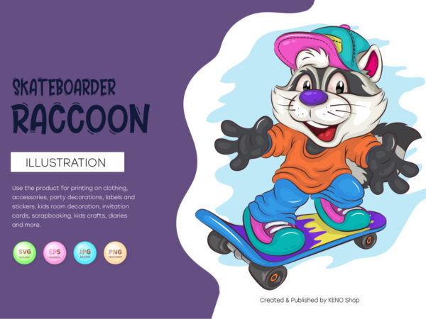 Cute cartoon raccoon on a skateboard. t-shirt, png, svg.