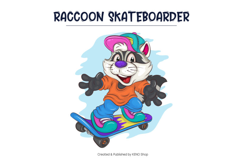 Cute Cartoon Raccoon on a skateboard. T-Shirt, PNG, SVG.