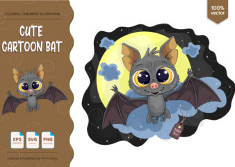 Cute Cartoon Bat. T-Shirt, PNG, SVG.