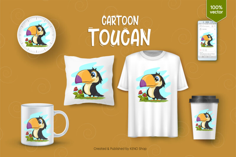 Cute Cartoon Toucan. T-Shirt, PNG, SVG.
