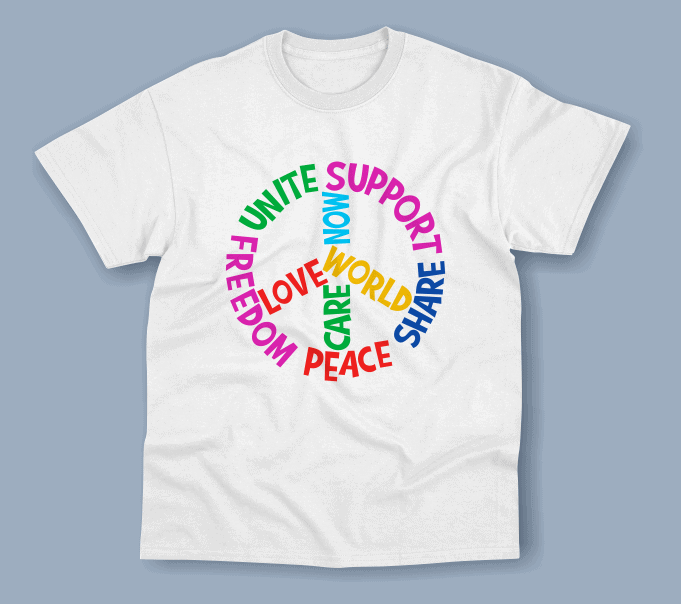 An abstract illustration of peace with typography on white & black t-shirt