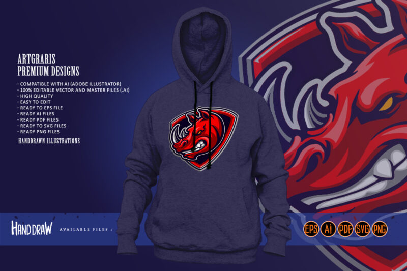 Red Rhino Head Mascot Shield Logo