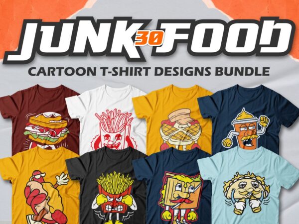 Junk food cartoon t-shirt designs bundle, junk food character, cool t-shirt design, creative t-shirt design, urban streetwear, trendy graphic tee shirt