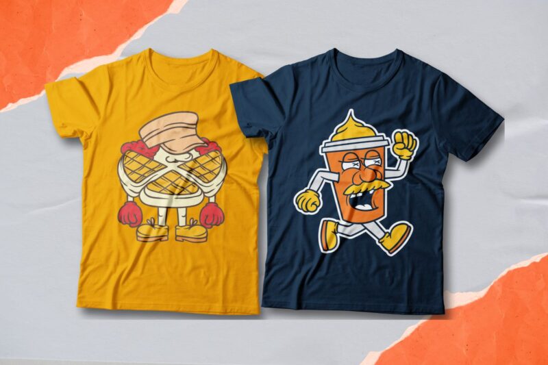 Junk food cartoon t-shirt designs bundle, Junk food character, Cool t-shirt design, Creative t-shirt design, Urban streetwear, Trendy graphic tee shirt