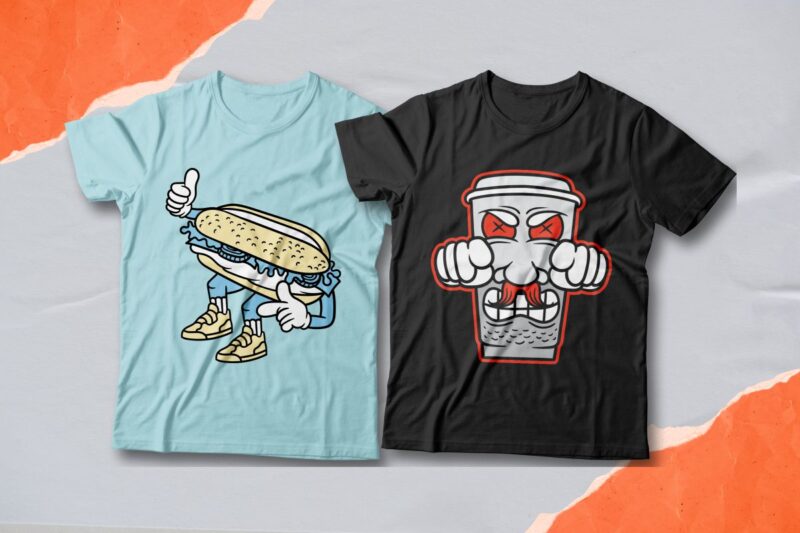 Junk food cartoon t-shirt designs bundle, Junk food character, Cool t-shirt design, Creative t-shirt design, Urban streetwear, Trendy graphic tee shirt