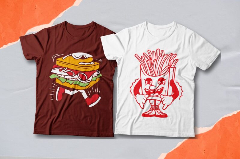 Junk food cartoon t-shirt designs bundle, Junk food character, Cool t-shirt design, Creative t-shirt design, Urban streetwear, Trendy graphic tee shirt