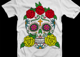 Heart Shape Skull With Roses T-shirt Design Template, Calavera skull svg, halloween svg, day of the dead, halloween, halloween party svg, skull svg, mandala skull svg, mexican skull vector, skull