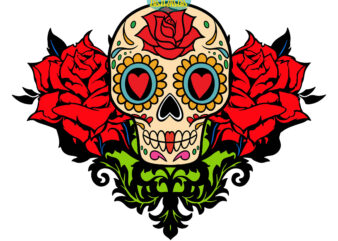 Heart Shape Skull With Roses, Calavera skull svg, halloween svg, day of the dead, halloween, halloween party svg, skull svg, mandala skull svg, mexican skull vector, skull logo, human skull,