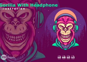 Gorilla With Headphone Illustration t shirt design template