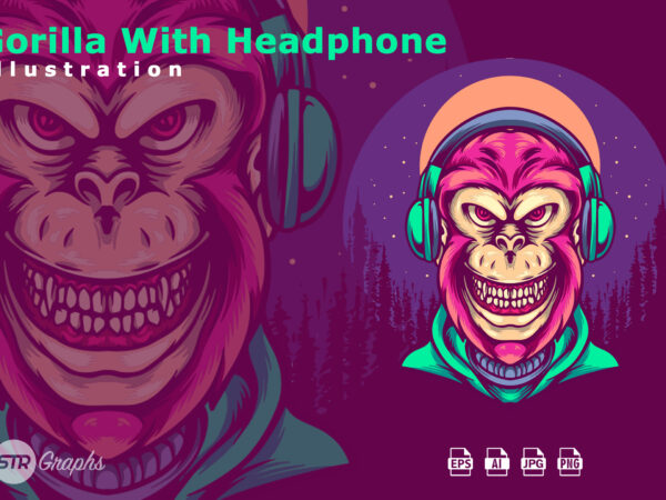 Gorilla with headphone illustration t shirt design template