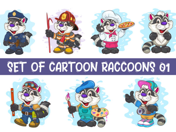 Set of cartoon raccoons 01. t-shirt.