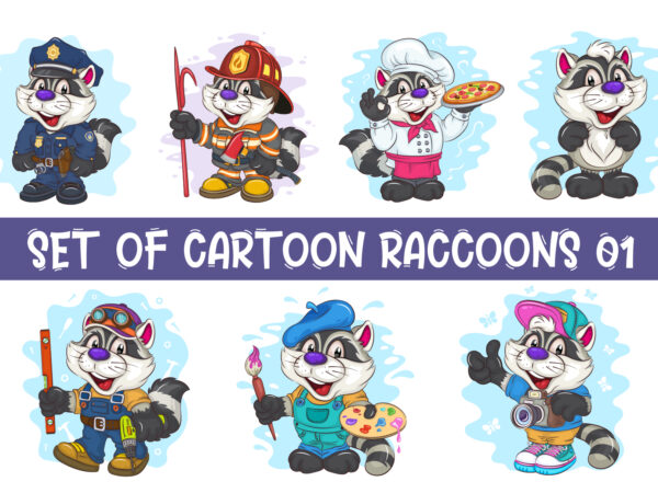 Set of cartoon raccoons 01. t-shirt. Set of cartoon raccoons 01. t-shirt.