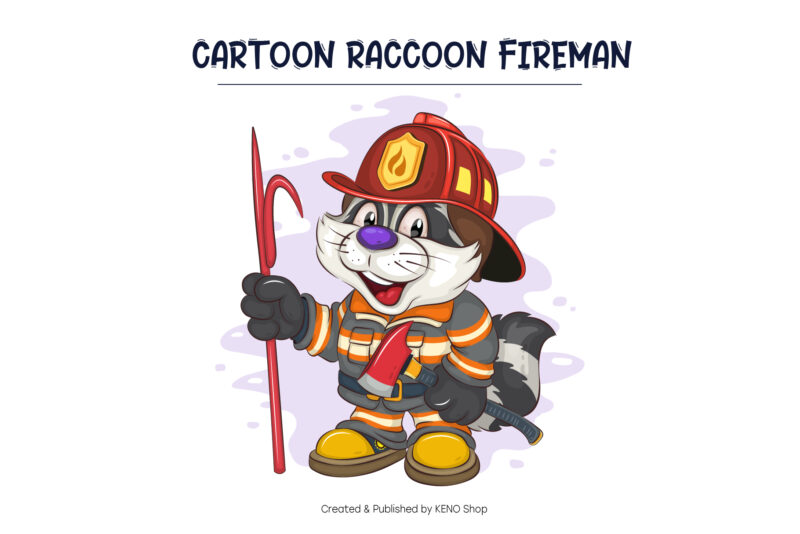 Cartoon Raccoon Fireman. T-Shirt, PNG, SVG.