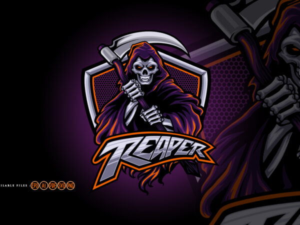 Skull grim reaper shield esport logo mascot t shirt template vector