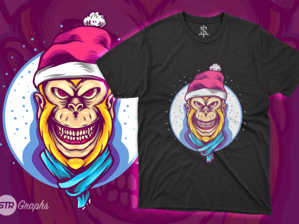 Gorilla christmas illustration t shirt design template