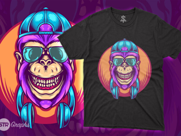 Gorilla with headphone illustration t shirt design template Gorilla with headphone illustration t shirt design template