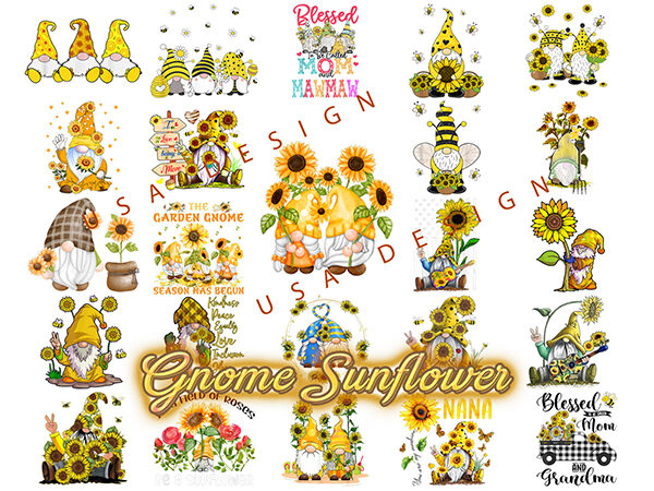 24 gnome sunflower png, let it be gnome png, hippie gonome png, honey bee gnome png, designs bundle