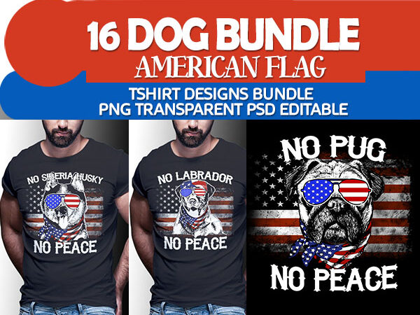 16 dog american flag tshirt design bundle editable