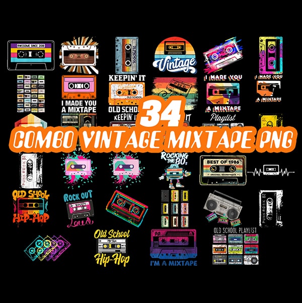 Combo 34 Vintage Mixtape Png, I made you a mixtape, vintage Retro mixtape, Old school Hip hop, Rock out png, never forget Cool 80s 90s