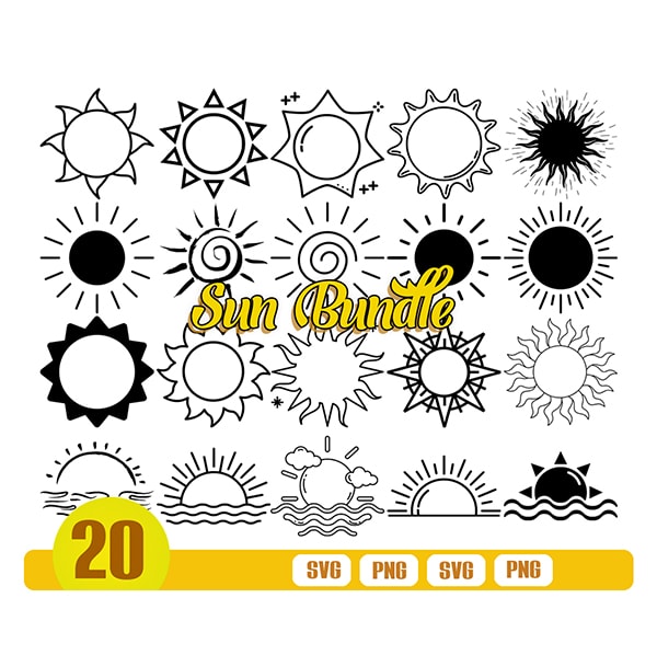 20 Sun SVG, Sun Clipart, Sun Cut File, Sun Svg Bundle, Cute Sun SVG, Sun Svg for Cricut, Sun Cricut, Sun Silhouette, Sun Vector, Svg, Png