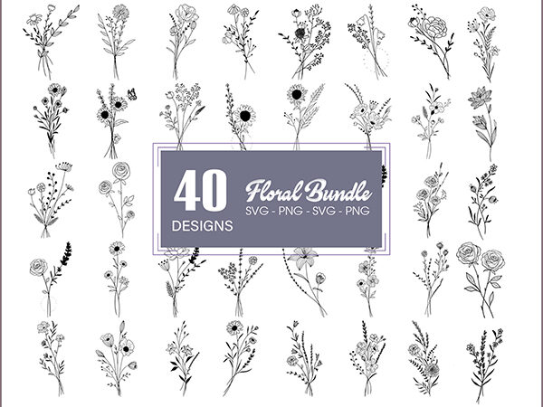 40 floral bouquets svg bundle, flower svg, hand drawn floral svg, flowers for cricut ,silhouette, commercial use svg