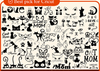 Cat Bundle SVG, cat svg, kitty svg, Cute Cat SVG files for Cricut, cat head, cat face, mom mama cat svg, Funny Cats, Cat Silhouette, crazy cat love t shirt vector file