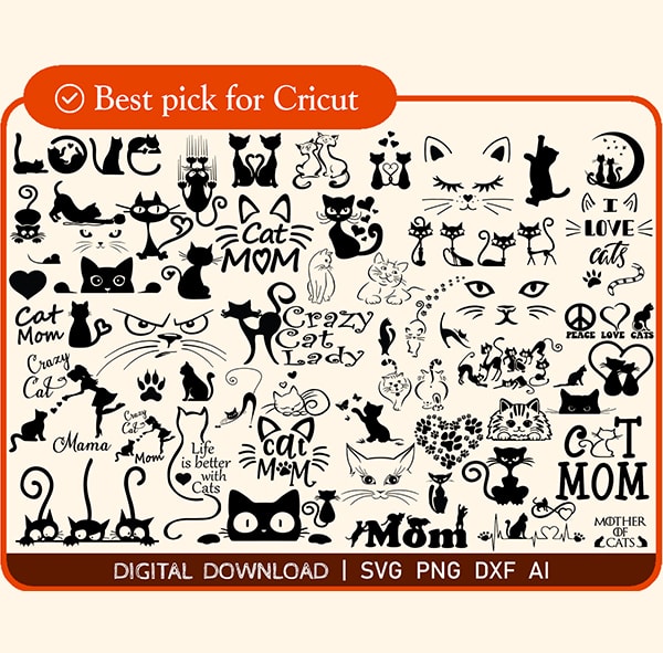 Cat Bundle SVG, cat svg, kitty svg, Cute Cat SVG files for Cricut, cat head, cat face, mom mama cat svg, Funny Cats, Cat Silhouette, crazy cat love