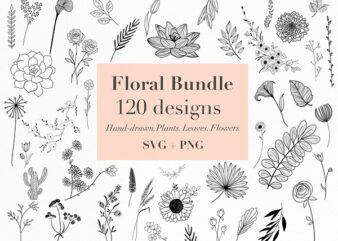 Floral Bundle Svg,120 Hand-drawn floral svg designs, flowers svg, plants svg, leaves svg, Floral svg