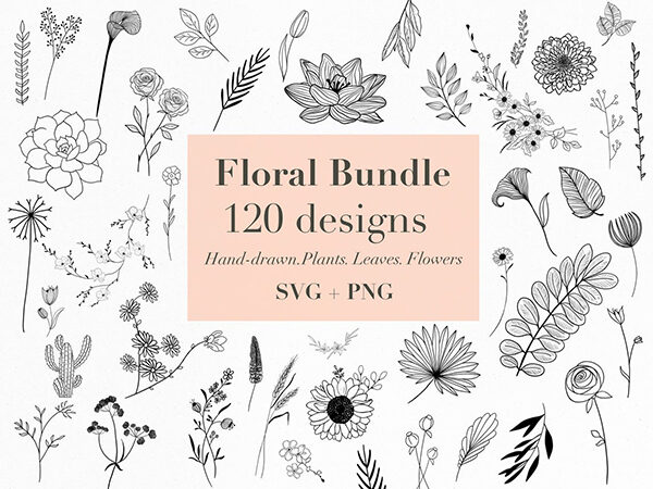 Floral bundle svg,120 hand-drawn floral svg designs, flowers svg, plants svg, leaves svg, floral svg