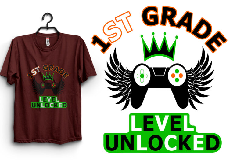 1st Grade Level Unlocked Gamer First Day Of School T-shirt Design.