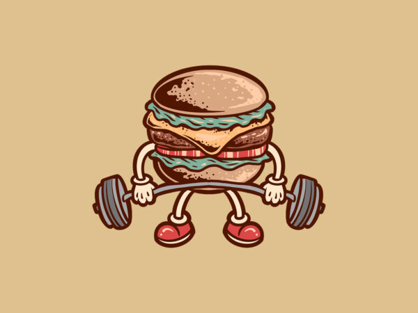 Workout burger cartoon t shirt design for sale
