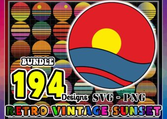 194 Designs Retro Vintage Sunset SVG PNG Big Bundle, Retro Circle, Vintage Circle, Sunset silhouette, Sunset Cut Files, Digital Download 830384166