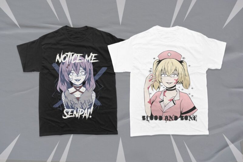 Anime Gothic Girl T-shirt Designs Bundle, Dark Anime Japanese Vector Illustration, Urban Street Anime Japanese,