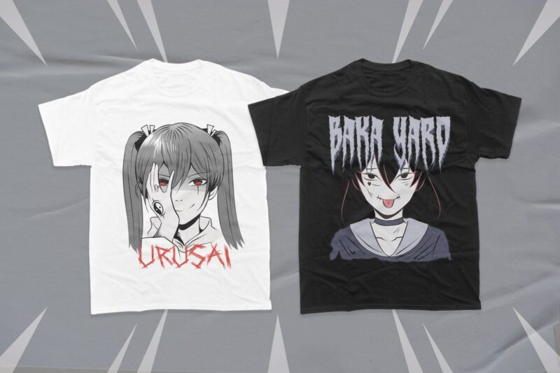 Anime Gothic Girl T-shirt Designs Bundle, Dark Anime Japanese Vector Illustration, Urban Street Anime Japanese,