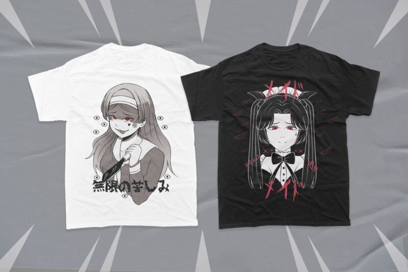 Anime Gothic Girl T-shirt Designs Bundle, Dark Anime Japanese Vector Illustration, Urban Street Anime Japanese,