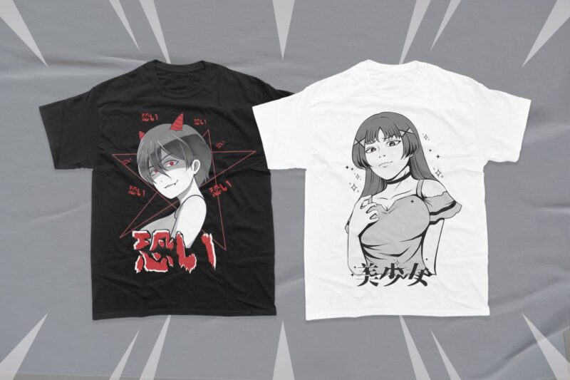 Anime Gothic Girl T-shirt Designs Bundle, Dark Anime Japanese Vector Illustration, Urban Street Anime Japanese,