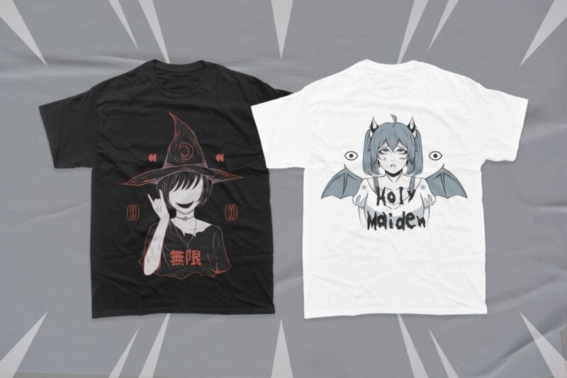 Anime Gothic Girl T-shirt Designs Bundle, Dark Anime Japanese Vector Illustration, Urban Street Anime Japanese,
