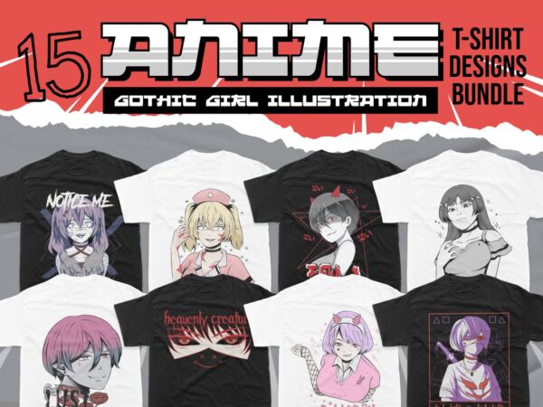 Anime gothic girl t-shirt designs bundle, dark anime japanese vector illustration, urban street anime japanese,