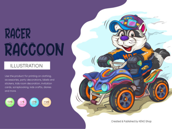 Cartoon raccoon racer. t-shirt, png, svg.