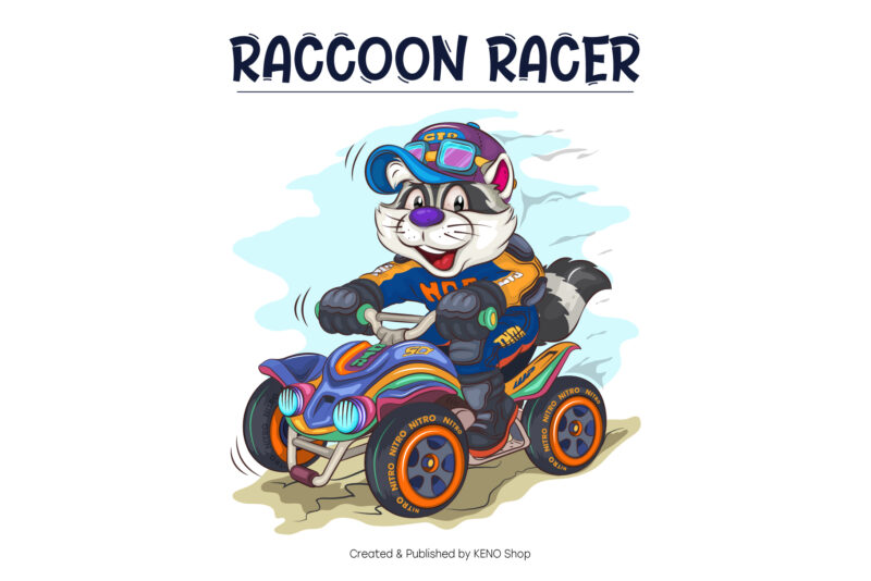 Cartoon Raccoon Racer. T-Shirt, PNG, SVG.
