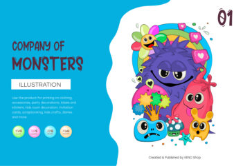 Cheerful company of monsters 01. T-Shirt, PNG, SVG.