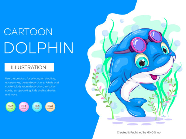 Cute Cartoon Dolphin. T-Shirt, PNG, SVG.