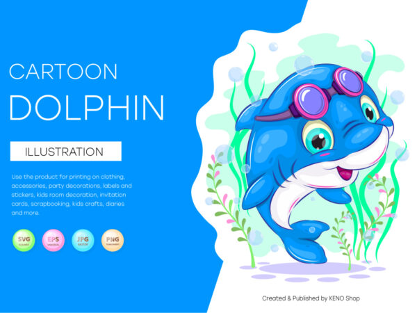 Cute cartoon dolphin. t-shirt, png, svg.