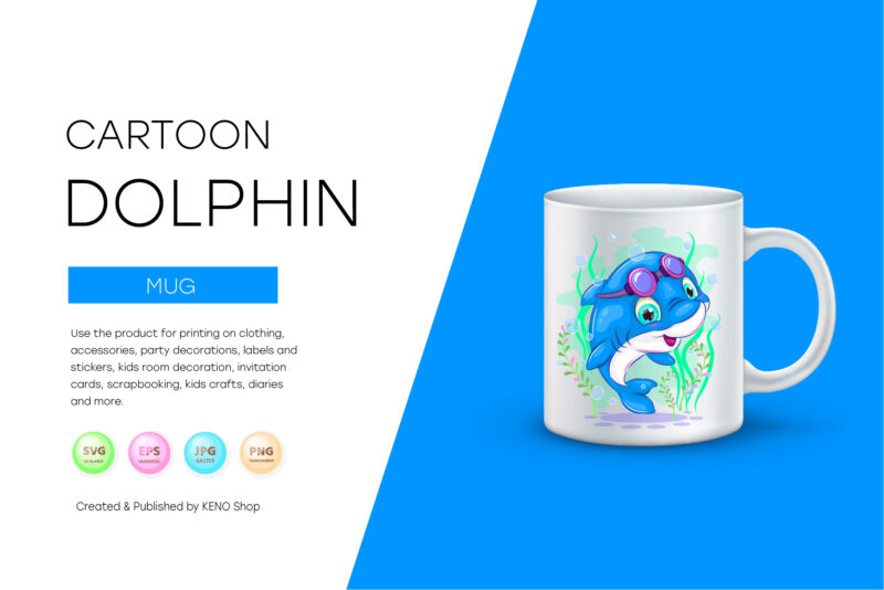 Cute Cartoon Dolphin. T-Shirt, PNG, SVG.