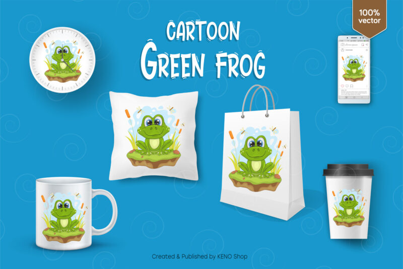 Cartoon Green Frog. T-Shirt, PNG, SVG
