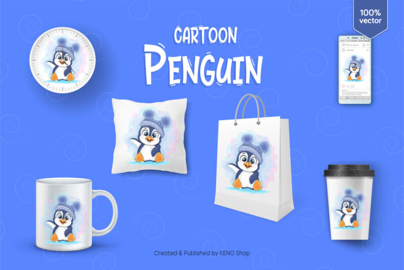 Cute Cartoon Penguin. T-Shirt, PNG, SVG.