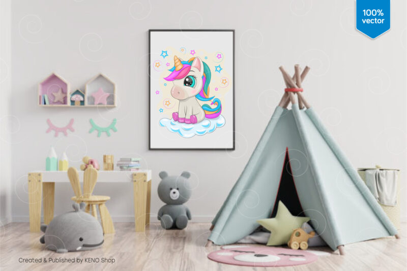 Cartoon Little Unicorn. T-Shirt, PNG, SVG.