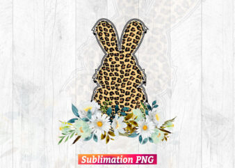 Easter Bunny Leopard Camouflage with Flowers Christian T-shirt Design in Sublimation Png Printable Files.