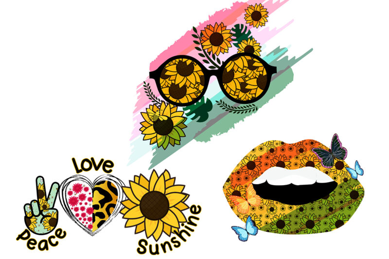 Sunflower Bundle . Peace, Love Sunshine Sunflower T-Shirt, Sunflower Lips with Butterflies, Summer Sunflower Sunglasses