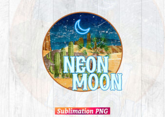Neon Moon Western Clipart Retro T-shirt Design in Sublimation Png Printable Files.